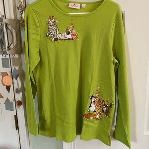 NWT Quacker Factory Valentine Cat Lime Green Waffle Long Sleeve Top Sz M